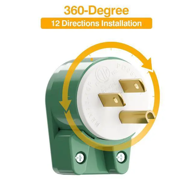 Alt view image 2 of 7 - (10Pack) 90 Degree 3 Prong Plug, Plugrand 12 Direction Adjustable DIY Plug | ETL Listed Nema 5-15P 15A 125V USA 3Pin Right Angle AC Plug, US 3Pole Rewireable AC Connector, Green