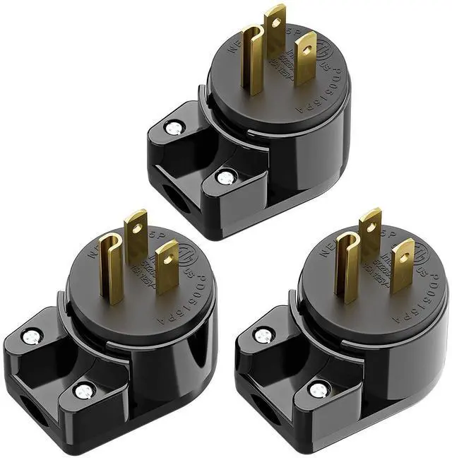 Main image of (3 Pack) Nema 5-15P 90 Degree Plug, Plugrand ETL Listed 15A 125V Plug | Right Angle Nema 5-15P DIY AC Plug,USA 3-Prong Household Right Angle AC Plug, Black