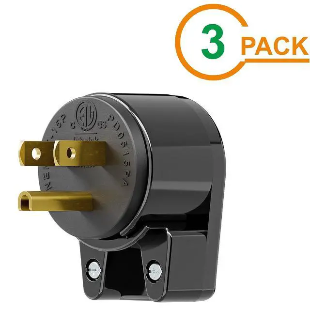 Alt view image 2 of 7 - (3 Pack) Nema 5-15P 90 Degree Plug, Plugrand ETL Listed 15A 125V Plug | Right Angle Nema 5-15P DIY AC Plug,USA 3-Prong Household Right Angle AC Plug, Black