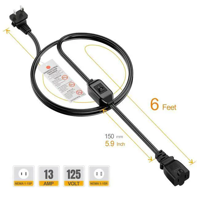 Alt view image 2 of 7 - 6FT On Off Switch Extension Cord, Right Angle 2 Prong Polarized Power Cord | Extension Cord with On-Off Inline Switch 12A 125V for your Chargers/Lamp/Power Adapters etc, 16AWG Cord