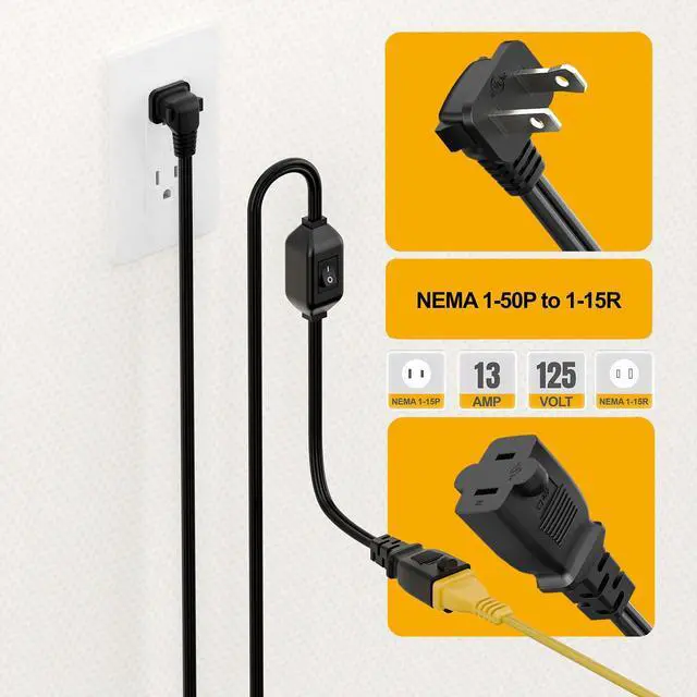 Alt view image 3 of 7 - 6FT On Off Switch Extension Cord, Right Angle 2 Prong Polarized Power Cord | Extension Cord with On-Off Inline Switch 12A 125V for your Chargers/Lamp/Power Adapters etc, 16AWG Cord