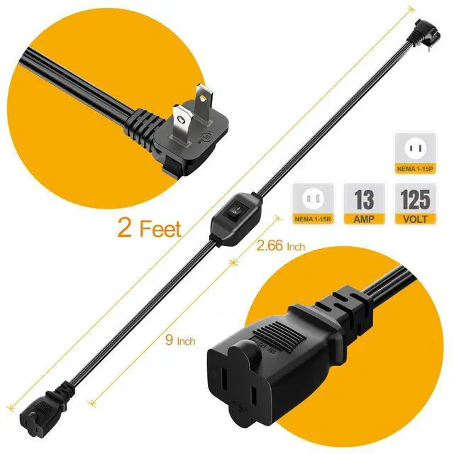 Alt view image 4 of 7 - 2FT On Off Switch Extension Cord, Right Angle 2 Prong Polarized Cord | Cord with On-Off Inline Switch 12A 125V for your Chargers/Lamp/Power Adapters etc, 16AWG Cord, Black