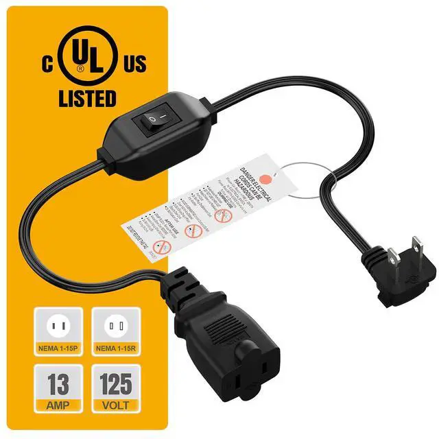 Alt view image 6 of 7 - 2FT On Off Switch Extension Cord, Right Angle 2 Prong Polarized Cord | Cord with On-Off Inline Switch 12A 125V for your Chargers/Lamp/Power Adapters etc, 16AWG Cord, Black