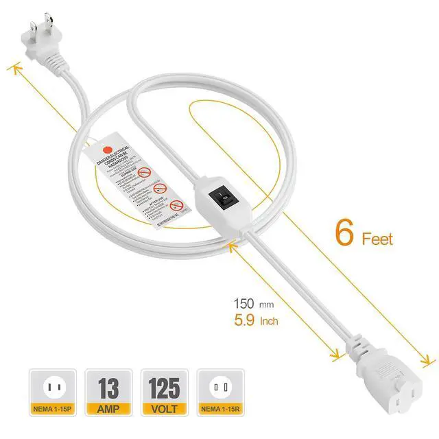 Alt view image 2 of 7 - 6FT On Off Switch Extension Cord, Plugrand Angled 2Prong Polarized Cord | Switch Cord with On-Off Inline Switch 12A 125V for Your Chargers/Lamp/Power Adapters, 16AWG Cord, White
