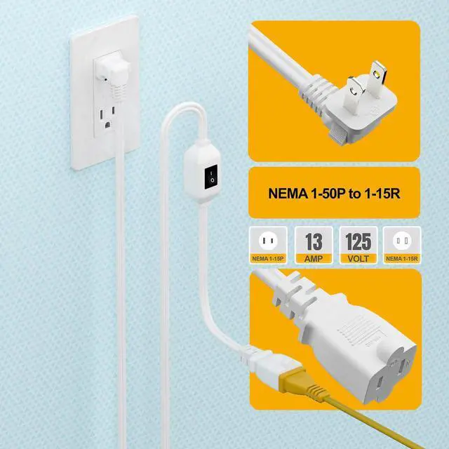 Alt view image 4 of 7 - 6FT On Off Switch Extension Cord, Plugrand Angled 2Prong Polarized Cord | Switch Cord with On-Off Inline Switch 12A 125V for Your Chargers/Lamp/Power Adapters, 16AWG Cord, White