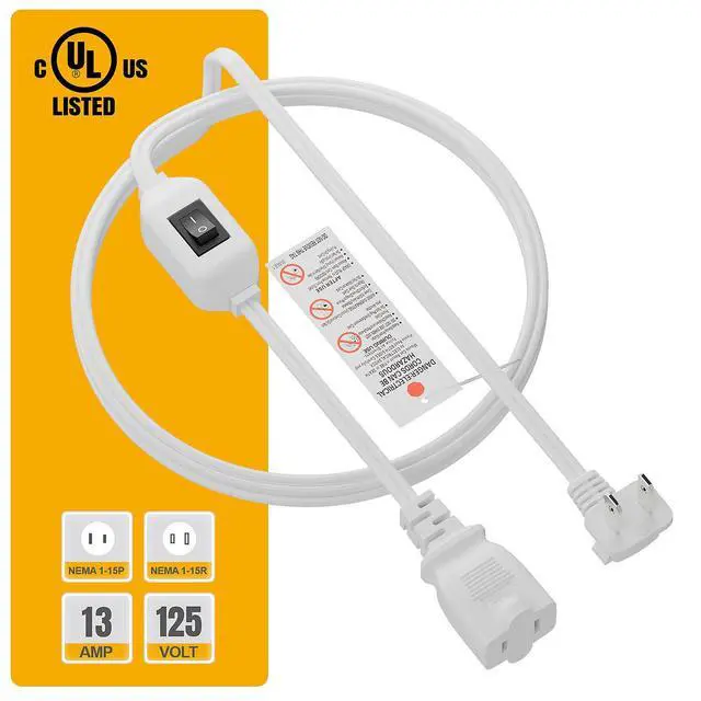 Alt view image 7 of 7 - 6FT On Off Switch Extension Cord, Plugrand Angled 2Prong Polarized Cord | Switch Cord with On-Off Inline Switch 12A 125V for Your Chargers/Lamp/Power Adapters, 16AWG Cord, White