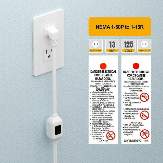 Alt view image 2 of 7 - 2FT On Off Switch Extension Cord, Plugrand Angled 2Prong Polarized Cord | Extension Cord with On-Off Inline Switch 12A 125V for Your Chargers/Lamp/Power Adapters, 16AWG Cord, White