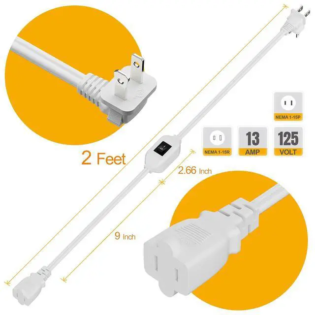 Alt view image 4 of 7 - 2FT On Off Switch Extension Cord, Plugrand Angled 2Prong Polarized Cord | Extension Cord with On-Off Inline Switch 12A 125V for Your Chargers/Lamp/Power Adapters, 16AWG Cord, White