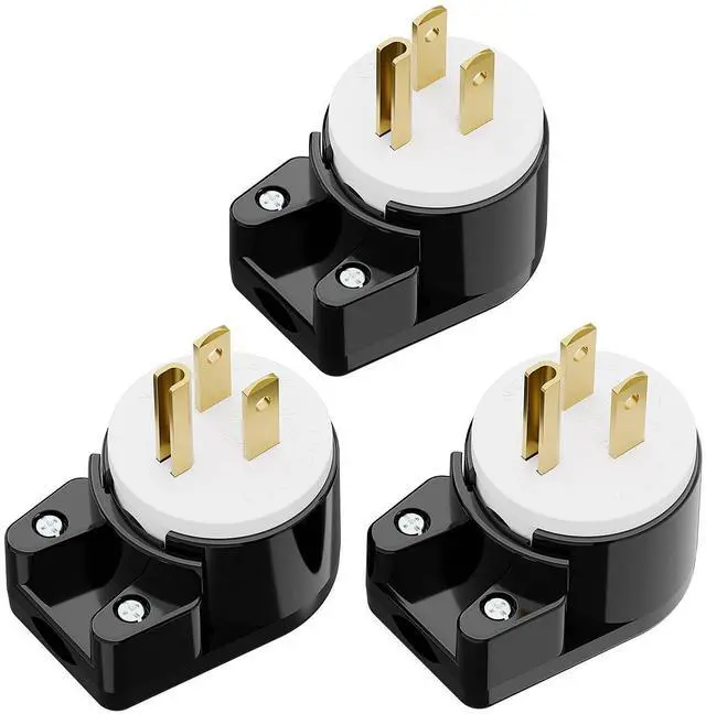 Main image of 3PACK 90 Degree USA Canada Male Nema 5-15P 3 Pole Angle DIY Plug, 15A 125V USA 3Pin Right Angle AC Connector, Black