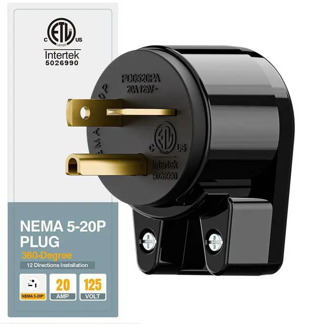 Alt view image 2 of 7 - Nema 5-20P DIY Plug, Plugrand ETL Listed 12-Directions Rotatable 20Amp Plug | Rewirable 20A 125V Plug, 90 Degree Right Angle 5-20P 20A 125V T-Blade USA Canada 3-Prong Male Angled, Black