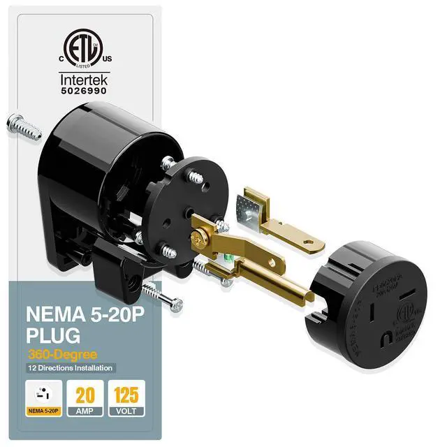 Alt view image 5 of 7 - Nema 5-20P DIY Plug, Plugrand ETL Listed 12-Directions Rotatable 20Amp Plug | Rewirable 20A 125V Plug, 90 Degree Right Angle 5-20P 20A 125V T-Blade USA Canada 3-Prong Male Angled, Black