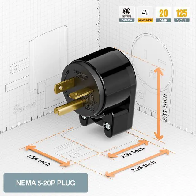 Alt view image 4 of 7 - Nema 5-20P DIY Plug, Plugrand ETL Listed 12-Directions Rotatable 20Amp Plug | Rewirable 20A 125V Plug, 90 Degree Right Angle 5-20P 20A 125V T-Blade USA Canada 3-Prong Male Angled, Black