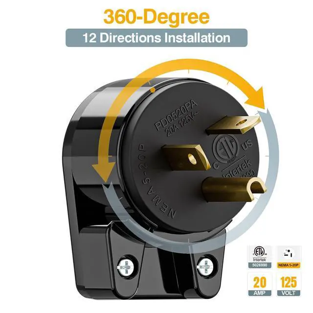 Alt view image 6 of 7 - Nema 5-20P DIY Plug, Plugrand ETL Listed 12-Directions Rotatable 20Amp Plug | Rewirable 20A 125V Plug, 90 Degree Right Angle 5-20P 20A 125V T-Blade USA Canada 3-Prong Male Angled, Black