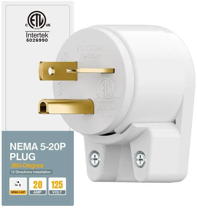 Alt view image 2 of 7 - Nema 5-20P DIY Plug, Plugrand ETL Listed 5-15P Rewirable 20A 125V Plu | 90 Degree Right Angle 5-20P 20A 125V T-Blade USA Canada 3-Prong Male Angled 20Amp Adapter, 12-Directions Rotatable
