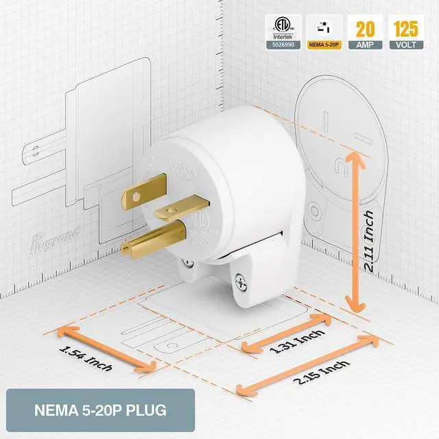 Alt view image 3 of 7 - Nema 5-20P DIY Plug, Plugrand ETL Listed 5-15P Rewirable 20A 125V Plu | 90 Degree Right Angle 5-20P 20A 125V T-Blade USA Canada 3-Prong Male Angled 20Amp Adapter, 12-Directions Rotatable