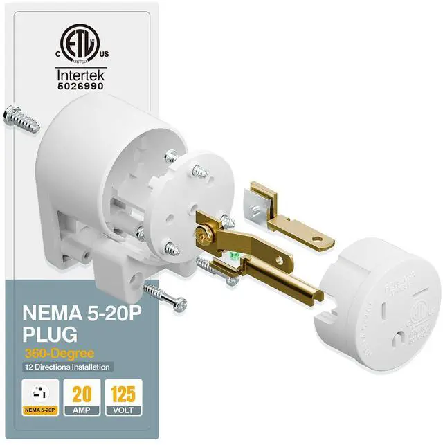 Alt view image 5 of 7 - Nema 5-20P DIY Plug, Plugrand ETL Listed 5-15P Rewirable 20A 125V Plu | 90 Degree Right Angle 5-20P 20A 125V T-Blade USA Canada 3-Prong Male Angled 20Amp Adapter, 12-Directions Rotatable