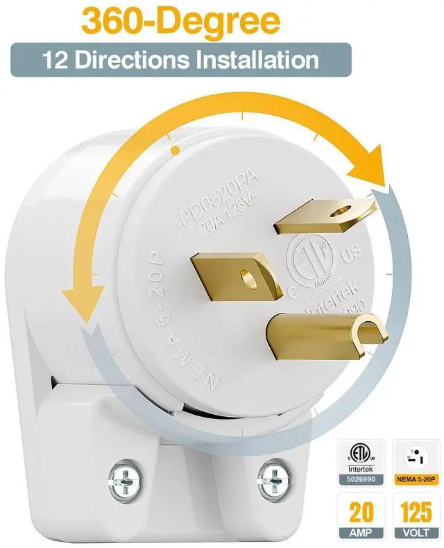 Alt view image 6 of 7 - Nema 5-20P DIY Plug, Plugrand ETL Listed 5-15P Rewirable 20A 125V Plu | 90 Degree Right Angle 5-20P 20A 125V T-Blade USA Canada 3-Prong Male Angled 20Amp Adapter, 12-Directions Rotatable