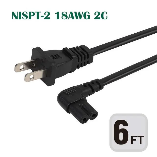 Alt view image 2 of 4 - 6FT TV Power Cord 2-Prong Figure 8 Power Cord Angled L-Type IEC C7 (Figure 8) Replacement Power Cord for LCD LED Mornitor, IEC C7 to Nema 1-15P