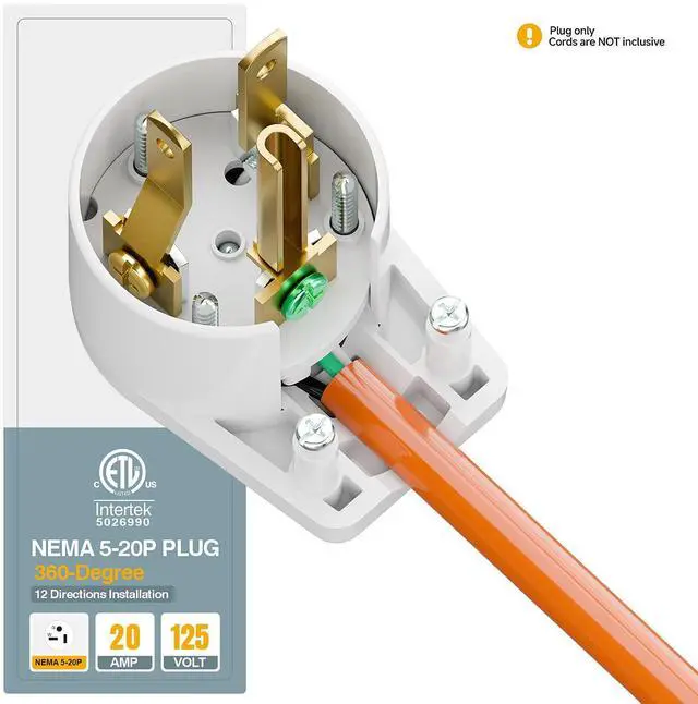 Alt view image 7 of 7 - Nema 5-20P DIY Plug, Plugrand ETL Listed 5-15P Rewirable 20A 125V Plu | 90 Degree Right Angle 5-20P 20A 125V T-Blade USA Canada 3-Prong Male Angled 20Amp Adapter, 12-Directions Rotatable