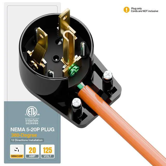 Alt view image 7 of 7 - Nema 5-20P DIY Plug, Plugrand ETL Listed 12-Directions Rotatable 20Amp Plug | Rewirable 20A 125V Plug, 90 Degree Right Angle 5-20P 20A 125V T-Blade USA Canada 3-Prong Male Angled, Black