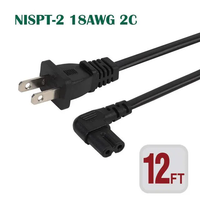 Alt view image 2 of 5 - 12FT TV Power Cord, Plugrand 2 Prong Figure 8 Power Cable for Samsung LG TCL Sony TVs, 90 Degree IEC C7 to NEMA 5-15P Replacement for TV Power Cords