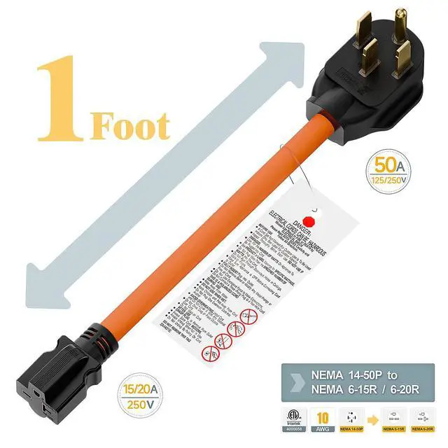 Alt view image 2 of 7 - 1FT STW 10/3 Nema 14-50P 50AMP Plug to 6-20R/6-15R T-Blade Adapter | Heavy Duty 4-Prong 250V Male to 20A 250V 6-20/15R Adapter, 14-50 to 6-20R EV Dryer Adapter