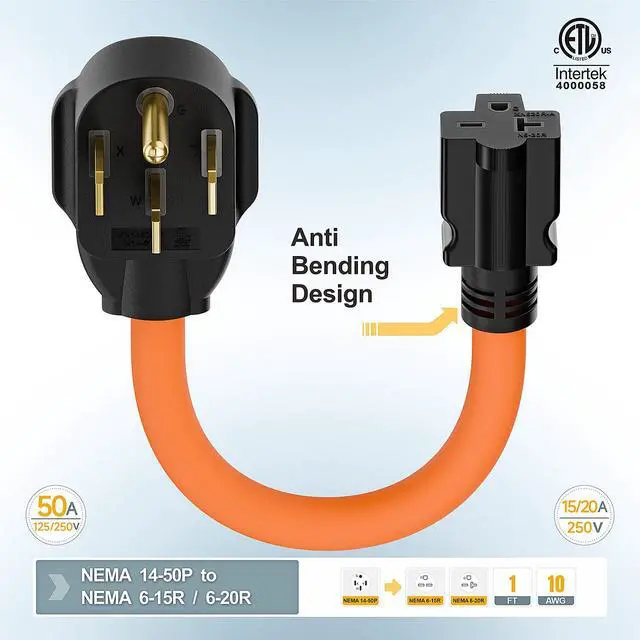 Alt view image 3 of 7 - 1FT STW 10/3 Nema 14-50P 50AMP Plug to 6-20R/6-15R T-Blade Adapter | Heavy Duty 4-Prong 250V Male to 20A 250V 6-20/15R Adapter, 14-50 to 6-20R EV Dryer Adapter