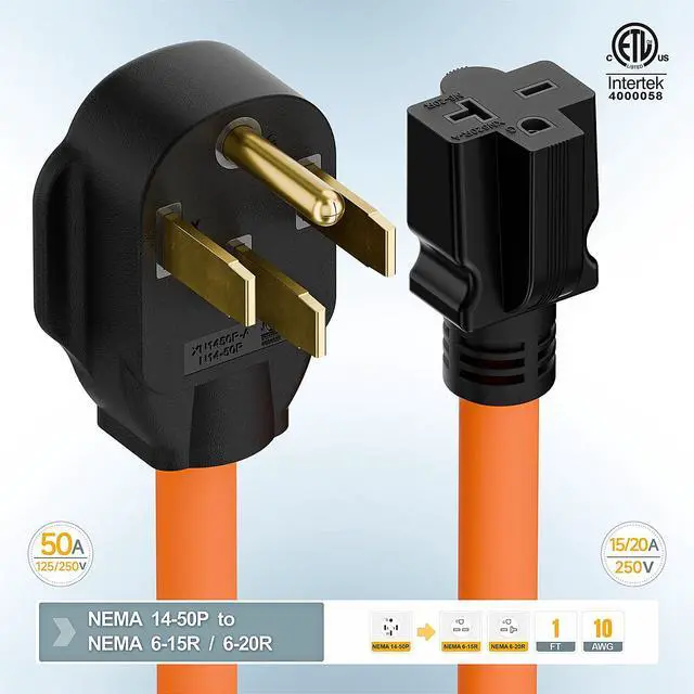 Alt view image 6 of 7 - 1FT STW 10/3 Nema 14-50P 50AMP Plug to 6-20R/6-15R T-Blade Adapter | Heavy Duty 4-Prong 250V Male to 20A 250V 6-20/15R Adapter, 14-50 to 6-20R EV Dryer Adapter