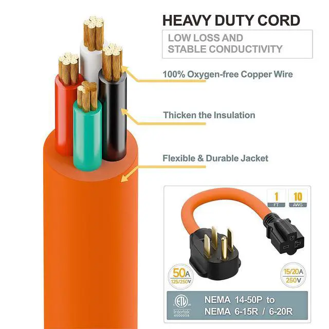 Alt view image 7 of 7 - 1FT STW 10/3 Nema 14-50P 50AMP Plug to 6-20R/6-15R T-Blade Adapter | Heavy Duty 4-Prong 250V Male to 20A 250V 6-20/15R Adapter, 14-50 to 6-20R EV Dryer Adapter