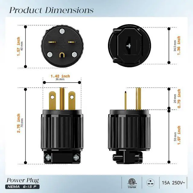 Alt view image 2 of 7 - 10PACK NEMA 6-15P Male Plug, Plugrand ETL Listed 250V 15A Replacement Plug | 15A Straight DIY Male USA/Canada 3-Prong Connector, 15A/250V Plug Household AC Industrial Grade Plugs, Black