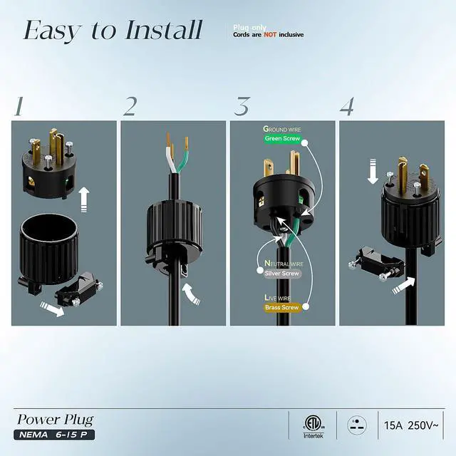 Alt view image 3 of 7 - 10PACK NEMA 6-15P Male Plug, Plugrand ETL Listed 250V 15A Replacement Plug | 15A Straight DIY Male USA/Canada 3-Prong Connector, 15A/250V Plug Household AC Industrial Grade Plugs, Black