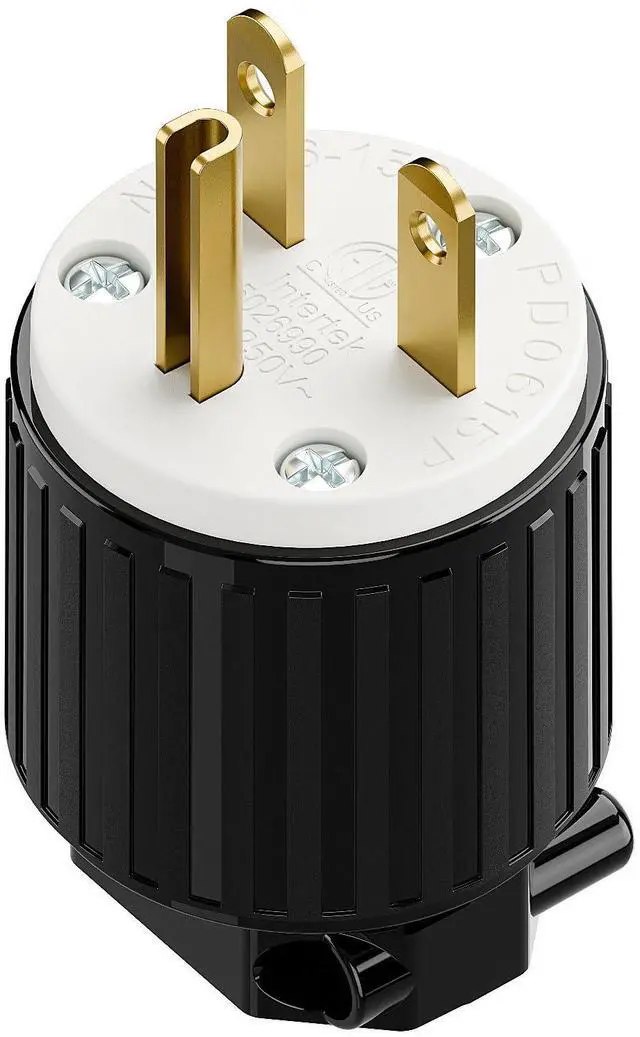 Main image of NEMA 6-15P Male Plug, Plugrand ETL Listed 15A 250V Straight Blade Plug | 15A Straight DIY Male USA/Canada 3-Prong Connector, 15A/250V Household AC Industrial Grade Plug, Black & White