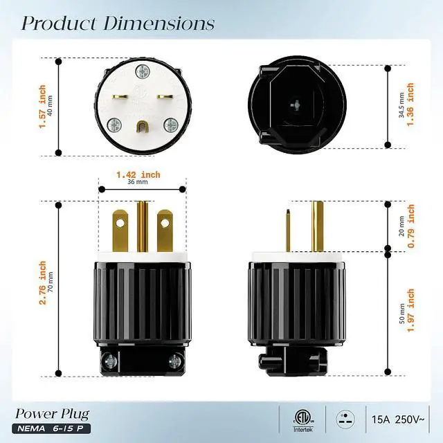 Alt view image 2 of 7 - 2Pack NEMA 6-15P Plug, Plugrand ETL Listed 15A 250V Straight Blade Plug | 15A Straight DIY Male USA/Canada 3-Prong Connector, Household AC Industrial Grade Male Plug, Black/White