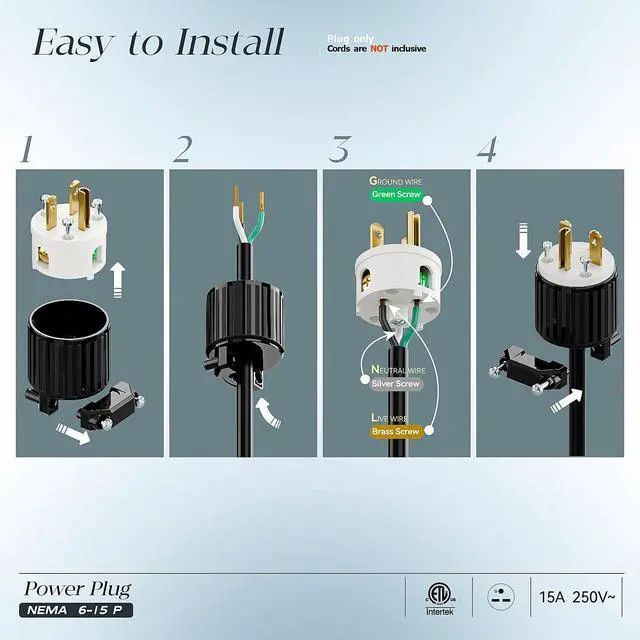 Alt view image 3 of 7 - 2Pack NEMA 6-15P Plug, Plugrand ETL Listed 15A 250V Straight Blade Plug | 15A Straight DIY Male USA/Canada 3-Prong Connector, Household AC Industrial Grade Male Plug, Black/White