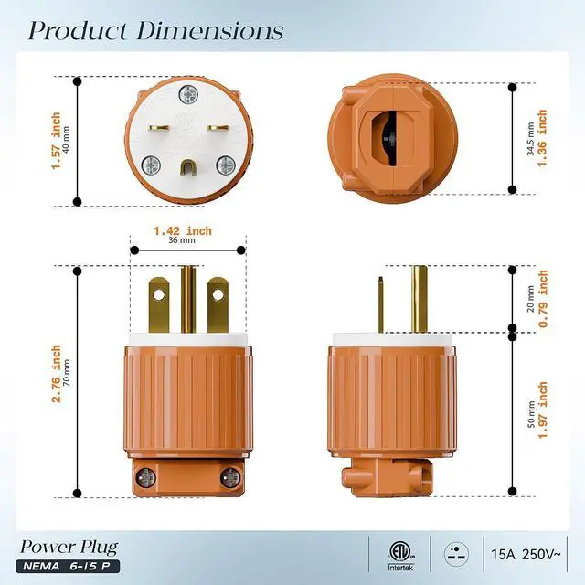 Alt view image 2 of 7 - (2PACK) NEMA 6-15P Male Plug, Plugrand ETL Listed 250V 15A Replacement Plug | 15A Straight DIY USA/Canada 3-Prong Connector, 15A/250V Plug Household AC Industrial Grade Plugs, Orange