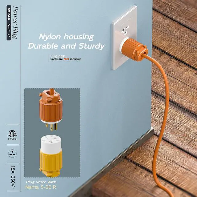 Alt view image 6 of 7 - (2PACK) NEMA 6-15P Male Plug, Plugrand ETL Listed 250V 15A Replacement Plug | 15A Straight DIY USA/Canada 3-Prong Connector, 15A/250V Plug Household AC Industrial Grade Plugs, Orange