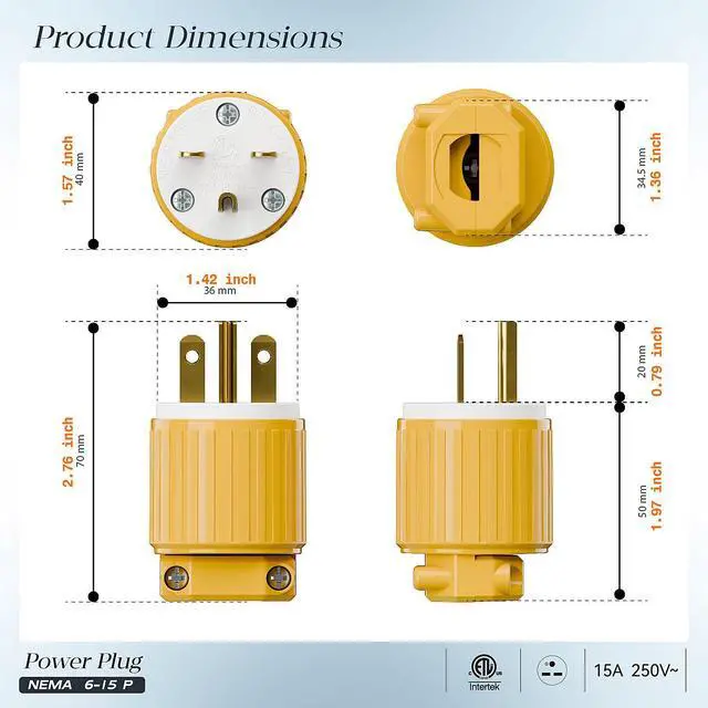 Alt view image 2 of 7 - NEMA 6-15P Male Plug, Plugrand ETL Listed 15A 250V NEMA Straight Blade Plug | 3 Prong Household Plug AC Industrial Grade Plugs, 250V 15Amp Straight DIY Male USA/Canada 3-Prong Connector, Yellow