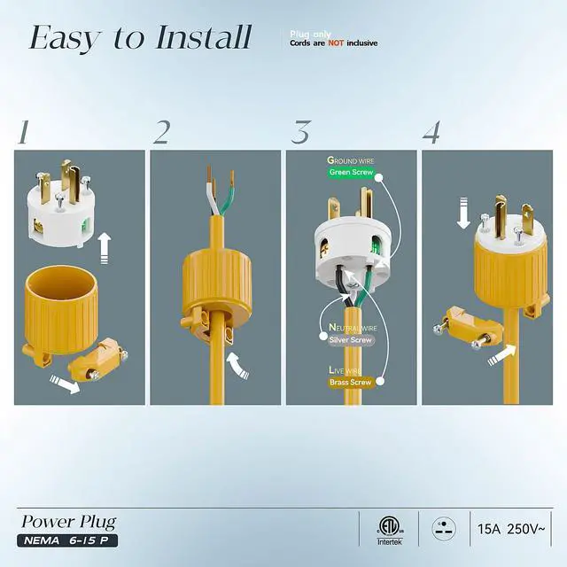 Alt view image 3 of 7 - NEMA 6-15P Male Plug, Plugrand ETL Listed 15A 250V NEMA Straight Blade Plug | 3 Prong Household Plug AC Industrial Grade Plugs, 250V 15Amp Straight DIY Male USA/Canada 3-Prong Connector, Yellow
