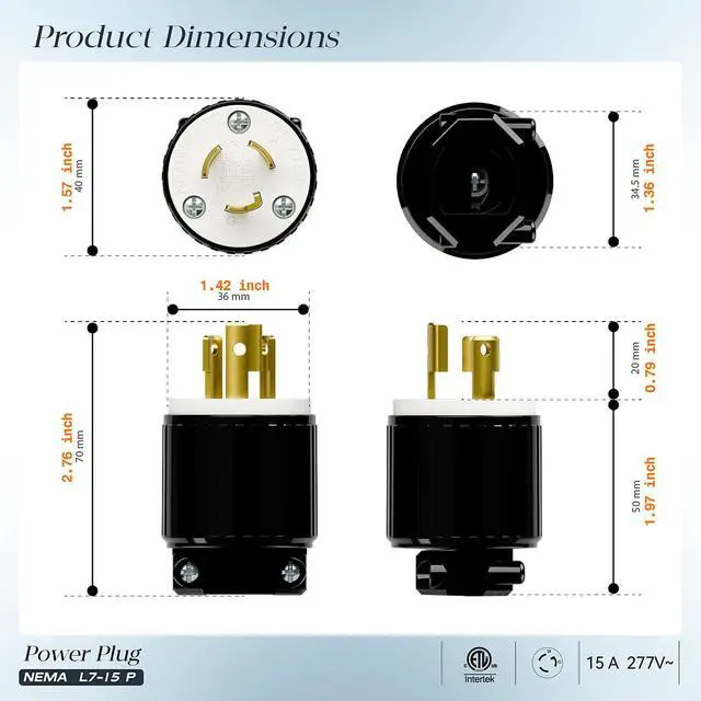 Alt view image 2 of 7 - 10Pack NEMA L7-15P Locking Plug, (ETL Listed) Cord End Connector, Twist Lock L7-15 15Amp 277Volt Female AC Connector, Industrial Grade 15A 277V Replacement Plugs PDL715P Black/White