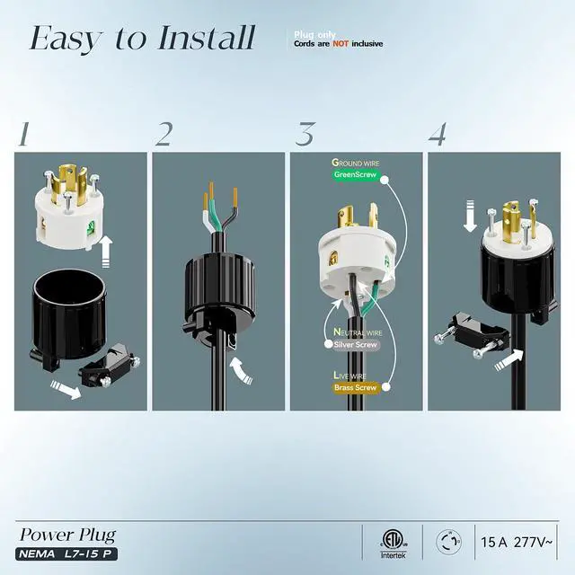 Alt view image 3 of 7 - 10Pack NEMA L7-15P Locking Plug, (ETL Listed) Cord End Connector, Twist Lock L7-15 15Amp 277Volt Female AC Connector, Industrial Grade 15A 277V Replacement Plugs PDL715P Black/White