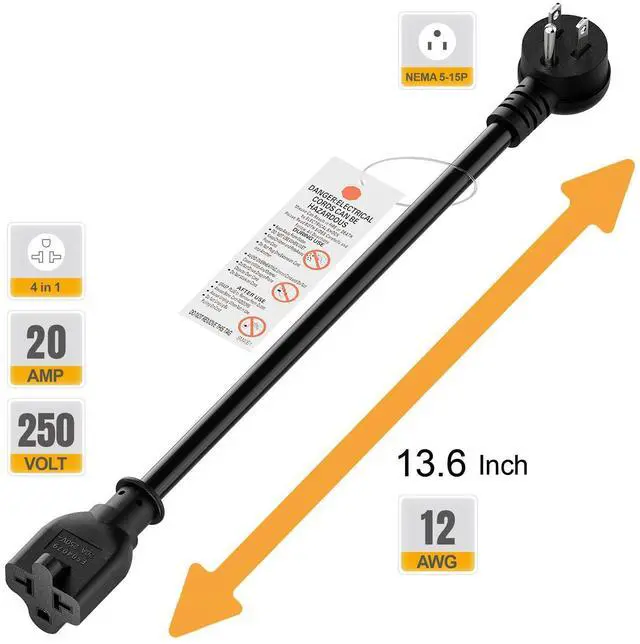 Alt view image 2 of 7 - Angled 4-in-1 12AWG 15 Amp Household Plug to 20 Amp T Blade Adapter Cable, 5-15P to 5-20R, 5-15P to 6-20R, Four-in-One Adapter, 15A 125V to 20A 250V/ 20A 250V Cable, 1FT