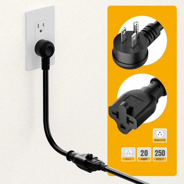 Alt view image 3 of 7 - Angled 4-in-1 12AWG 15 Amp Household Plug to 20 Amp T Blade Adapter Cable, 5-15P to 5-20R, 5-15P to 6-20R, Four-in-One Adapter, 15A 125V to 20A 250V/ 20A 250V Cable, 1FT