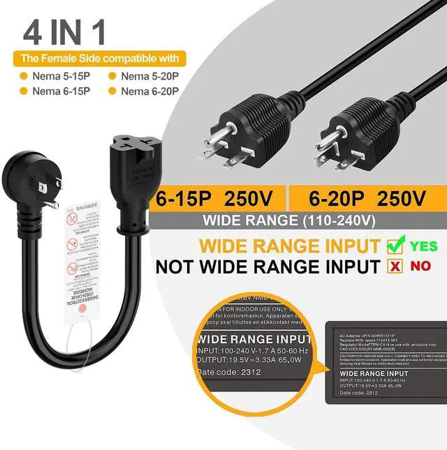 Alt view image 5 of 7 - Angled 4-in-1 12AWG 15 Amp Household Plug to 20 Amp T Blade Adapter Cable, 5-15P to 5-20R, 5-15P to 6-20R, Four-in-One Adapter, 15A 125V to 20A 250V/ 20A 250V Cable, 1FT