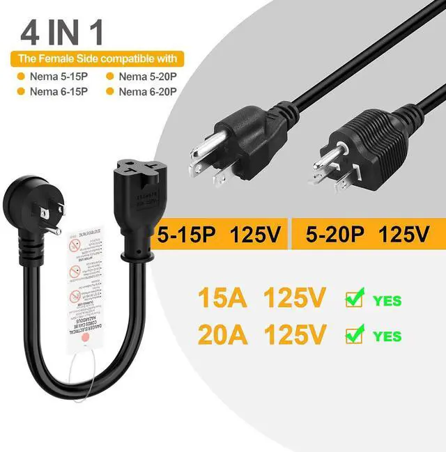 Alt view image 6 of 7 - Angled 4-in-1 12AWG 15 Amp Household Plug to 20 Amp T Blade Adapter Cable, 5-15P to 5-20R, 5-15P to 6-20R, Four-in-One Adapter, 15A 125V to 20A 250V/ 20A 250V Cable, 1FT