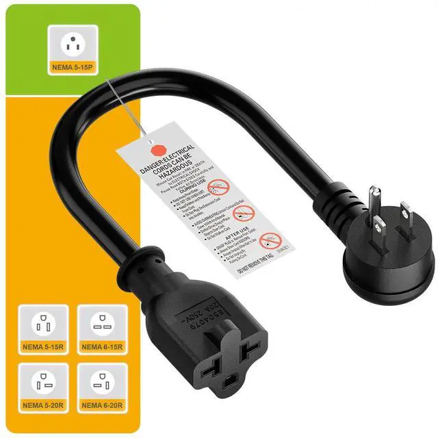 Alt view image 7 of 7 - Angled 4-in-1 12AWG 15 Amp Household Plug to 20 Amp T Blade Adapter Cable, 5-15P to 5-20R, 5-15P to 6-20R, Four-in-One Adapter, 15A 125V to 20A 250V/ 20A 250V Cable, 1FT