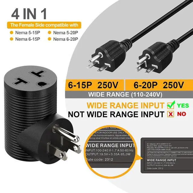 Alt view image 6 of 7 - NEMA 5-15P to 5-15R, 5-20R, 6-15R, 6-20R Right Angled AC Adapter | 4 in 1 NEMA 5-15P Power Adapter, 15A to 20A 90 Degree Adapter, USA Male to Female Power Adapter