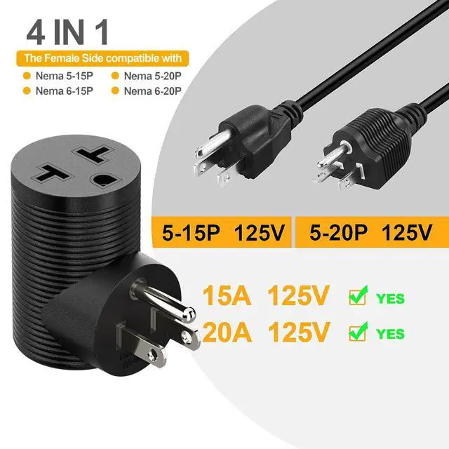 Alt view image 7 of 7 - NEMA 5-15P to 5-15R, 5-20R, 6-15R, 6-20R Right Angled AC Adapter | 4 in 1 NEMA 5-15P Power Adapter, 15A to 20A 90 Degree Adapter, USA Male to Female Power Adapter