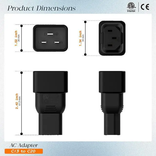 Alt view image 2 of 6 - (2PACK) C20 to C13 Power Adapter, C13 to C20 Plug Adapter, WA-0088 15A 125V AC Adapter ETL Verified Adapters for UPS/PDU Etc.