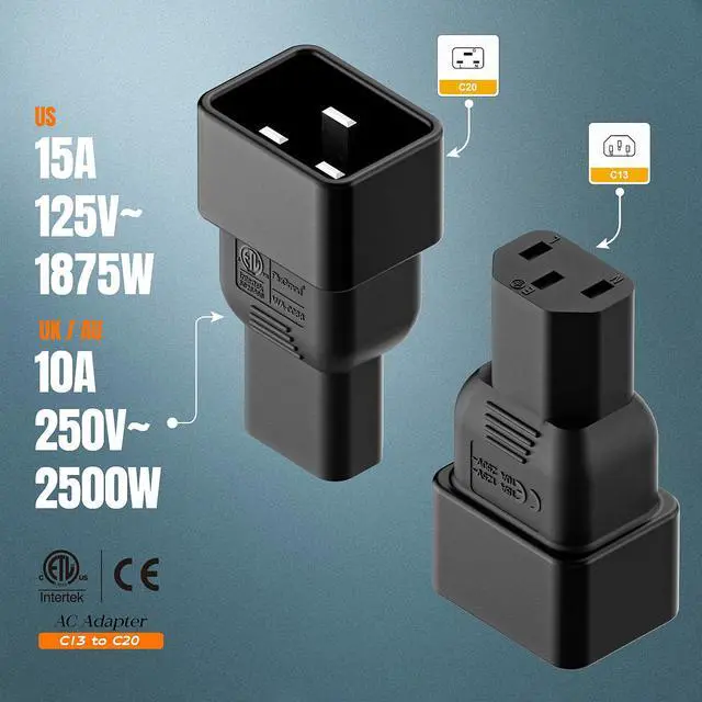 Alt view image 4 of 6 - (2PACK) C20 to C13 Power Adapter, C13 to C20 Plug Adapter, WA-0088 15A 125V AC Adapter ETL Verified Adapters for UPS/PDU Etc.