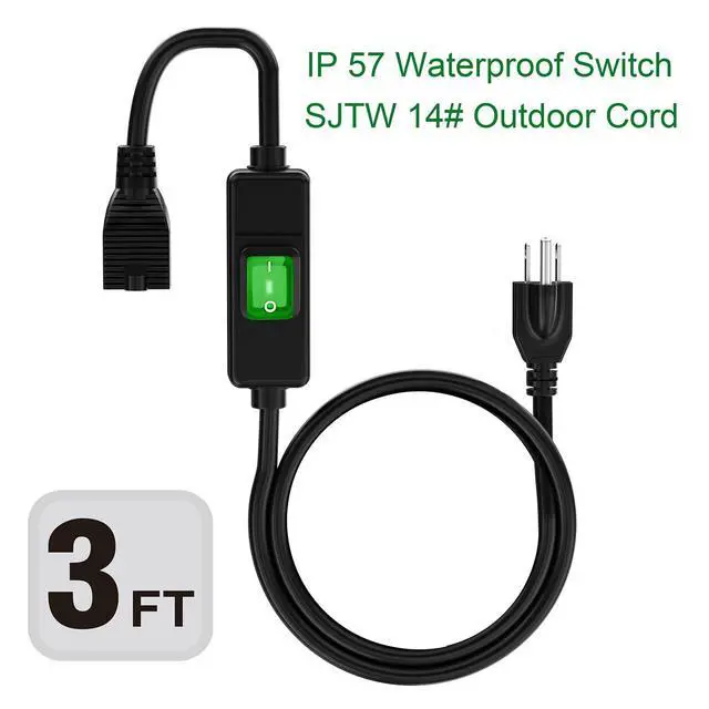 Alt view image 2 of 4 - 3 Prong Outdoor Waterproof Extension Switch Cord, 3FT | in-Line On/Off Switch Extension Cord, SJTW, 14AWG, IP57 Waterproof, Max.20A 125V Heavy Duty Inline Switch Cable, 3 FT